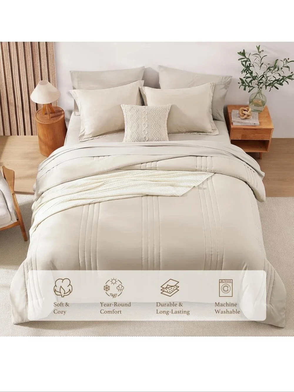 Monbix Oversized King Size Comforter Set - 7 Pieces Apricot Beige Bed in a Bag